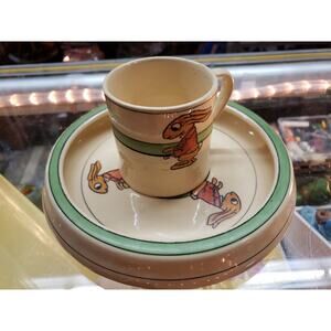 Roseville Ceramic Art, Pottery Juvenile Standing Rabbit Plate & Cup 2 pcs 1910